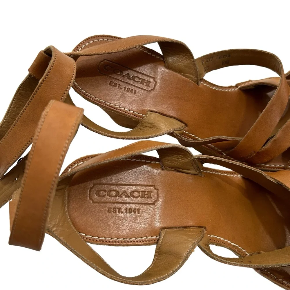 Coach Light Brown Calf Leather Telma Butterfly Adjustable Strap Wedge Sandals,10